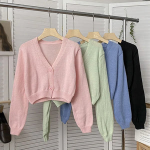 Y2k Women Cardigan Sweater Knitted Cropped Korean Short Long sleeve Crop Top V neck Fashion Clothe