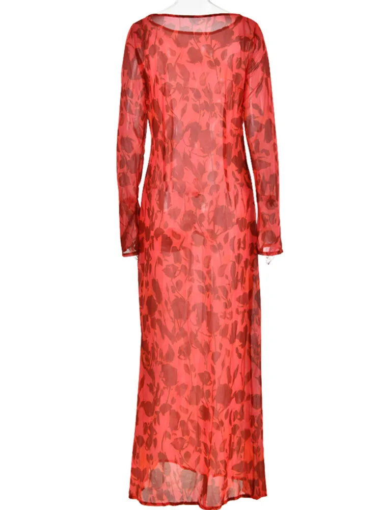 Ladies Elegant Chiffon Floral Print Flare Sleeve Maxi Dress For Women's Summer Slim Beach Holiday Party Dress Vestido