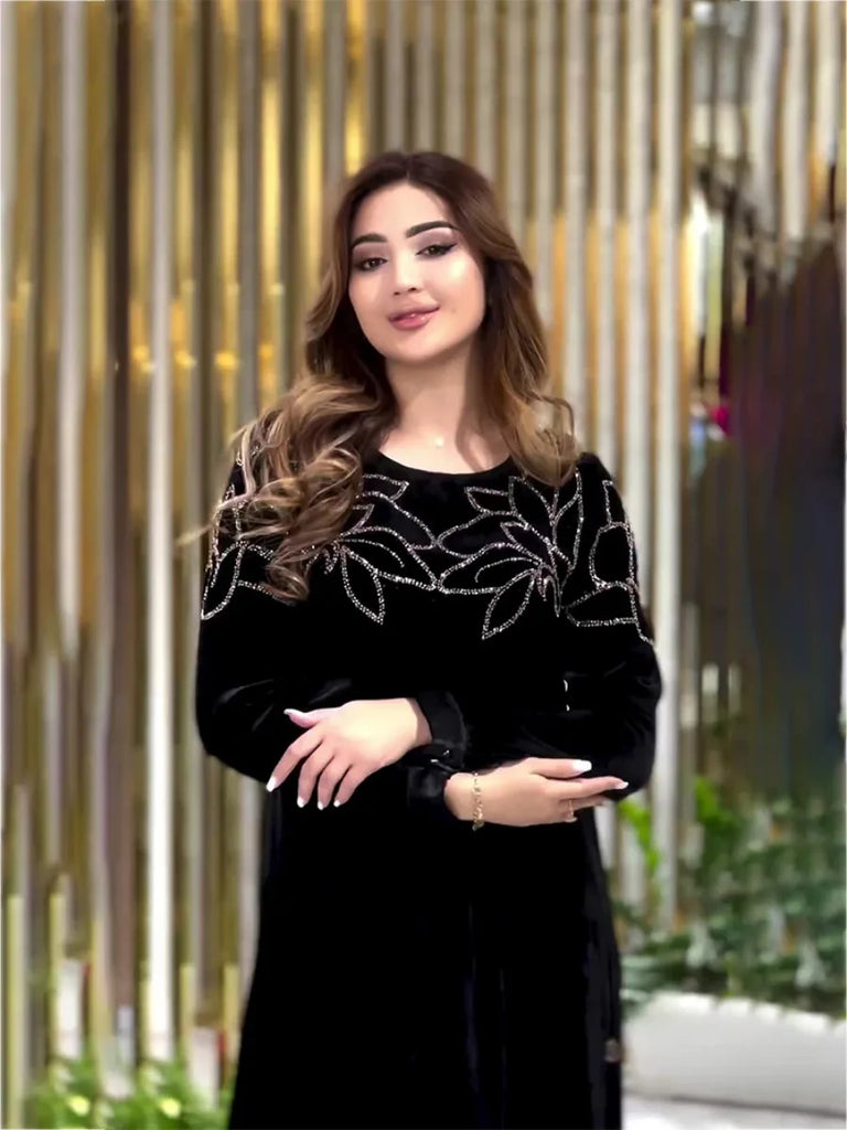Eid Muslim Party Dress for Women Abaya Spring Velvet Diamond Dresses Ramadan Belt Vestidos Largos Dubai Robe Jalabiya 2024