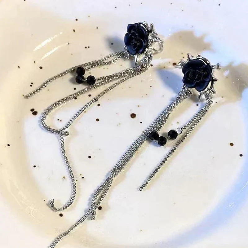 Fashion Jewelry Retro Black Rhinestone Rose Long Tassel Earrings For Women Jewelry