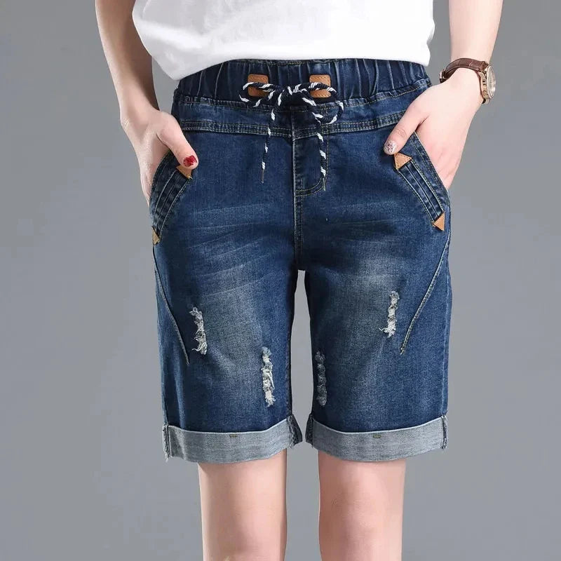 Summer Cuffs Ripped Jeans Woman Elastic Waist Lace Up Shorts With Holes Femme Plus Size Casual Harem Pants Mujer Korean Style