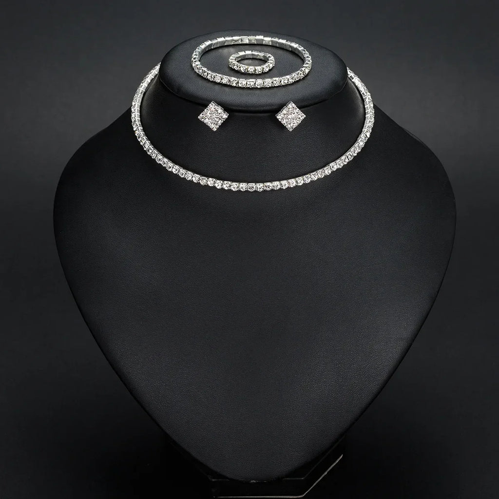 2024 Europe and America Fashion Necklace Earring Ring Bracelet Four Piece Set Hollow Diamond  Pattern Headwear Wholesale Jewelry