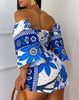 Two Piece Set Women Outfit 2024 Summer Floral Print Shirred Off The Shoulder Top & Casual Pocket Design Drawstring Shorts Set