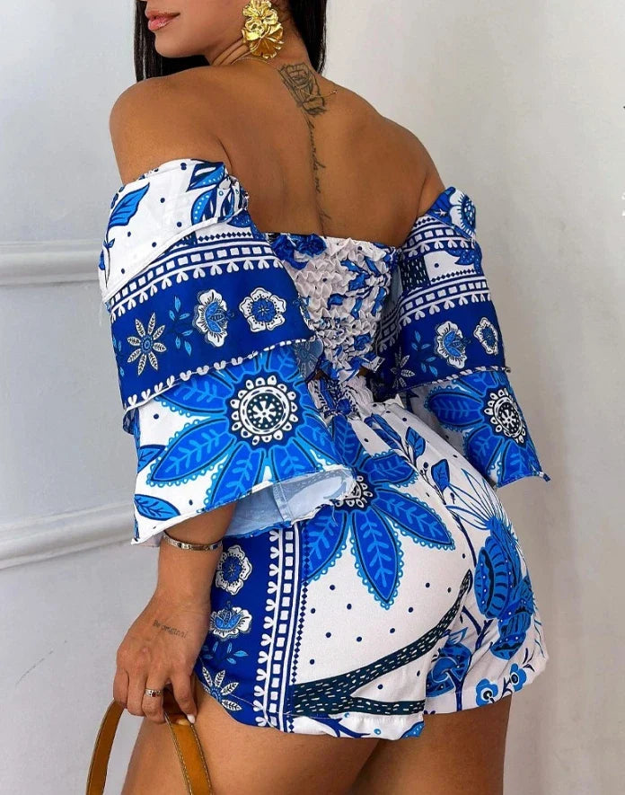 Two Piece Set Women Outfit 2024 Summer Floral Print Shirred Off The Shoulder Top & Casual Pocket Design Drawstring Shorts Set