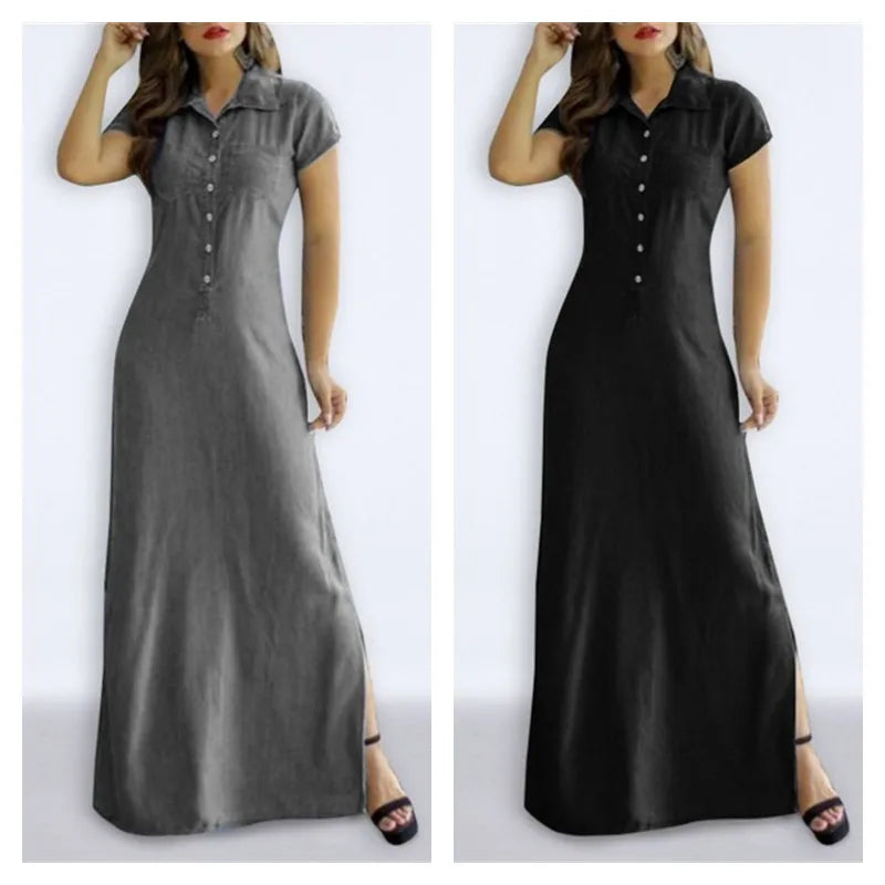 Europe And America Cross Border New Long Dress Shirt Collar Split Pocket Large Swing Dress Large Casual Denim Dress