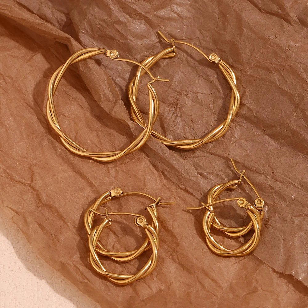 E.B.belle Thin Twists Ring Hoop Earrings Water Resistant 316L Stainless Steel Women's Earrings 18K Gold Plated Jewelry