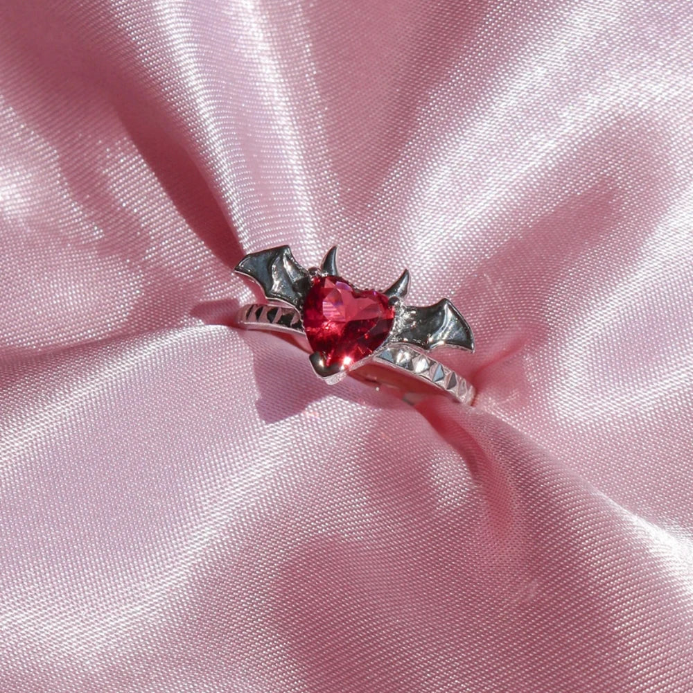 Draculaura Bat Rings, Women Jewelry,Heart, Fashion Gothic Accessories ,Vampire Inspired ,Silver Plated, Adjustable Ring, Gift