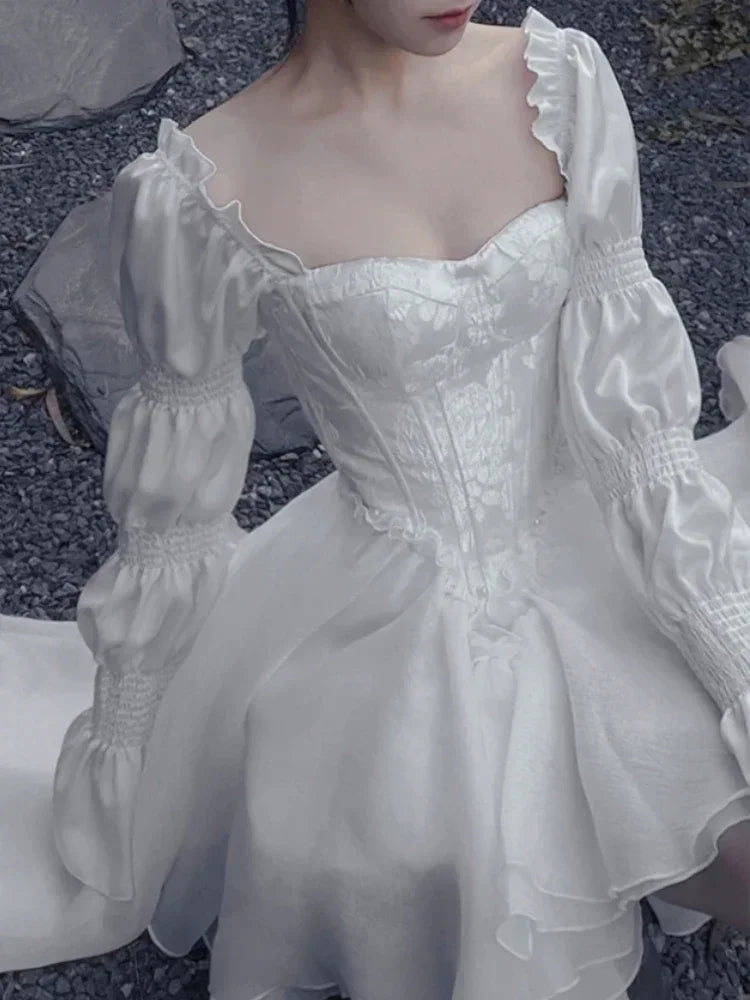 Pure Color Fairy Midi Dress Women White Elegant Evening Party Dress Beach 2024 Spring Casual Long Sleeve Fashion Dress Korean