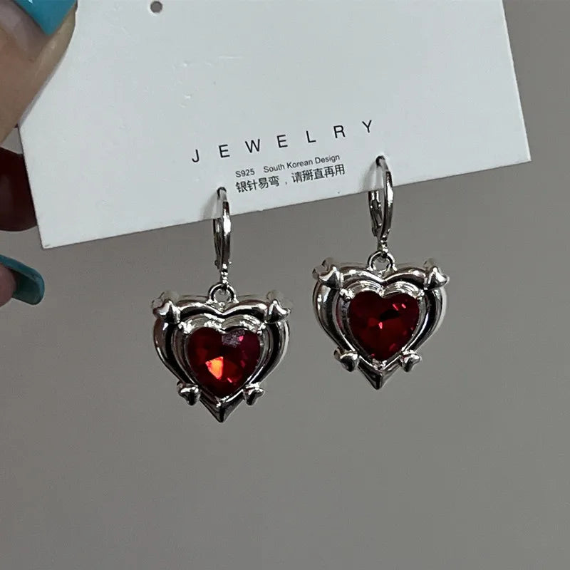 Y2K Goth Heart Cross Star Pendant Earrings Women Red Zircon Love Dangle Earring Gothic Irregular Tassel Earrings Fashion Jewelry