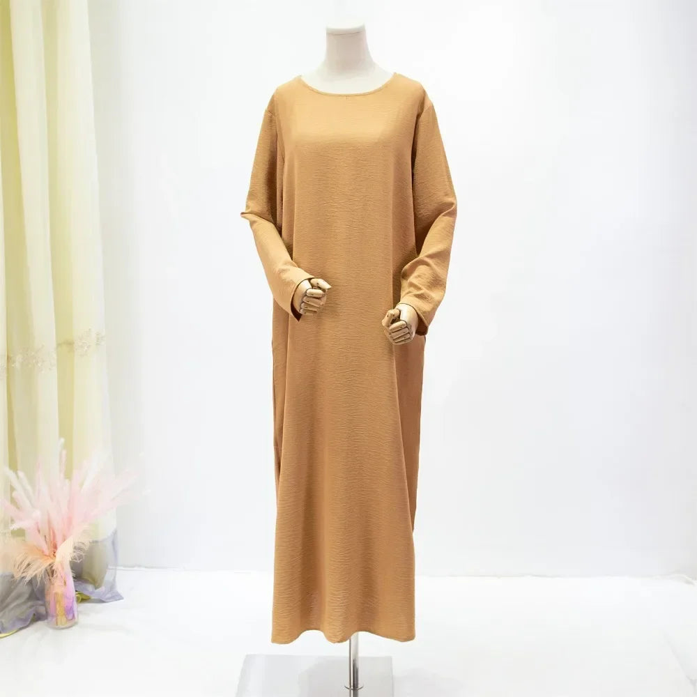 Women Long Dresses Muslim Ramadan Loose Maxi Dress Solid Crew Neck ,Elegant Long Sleeve Muslim Abaya ,Women's Clothing