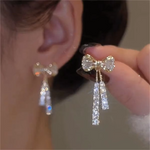 Load image into Gallery viewer, Korean Trendy Bow Crystal Drop Earrings For Women 2023 Luxury Sparkling Cubic Zirconia Long Tassel Earrings High Jewelry Gifts