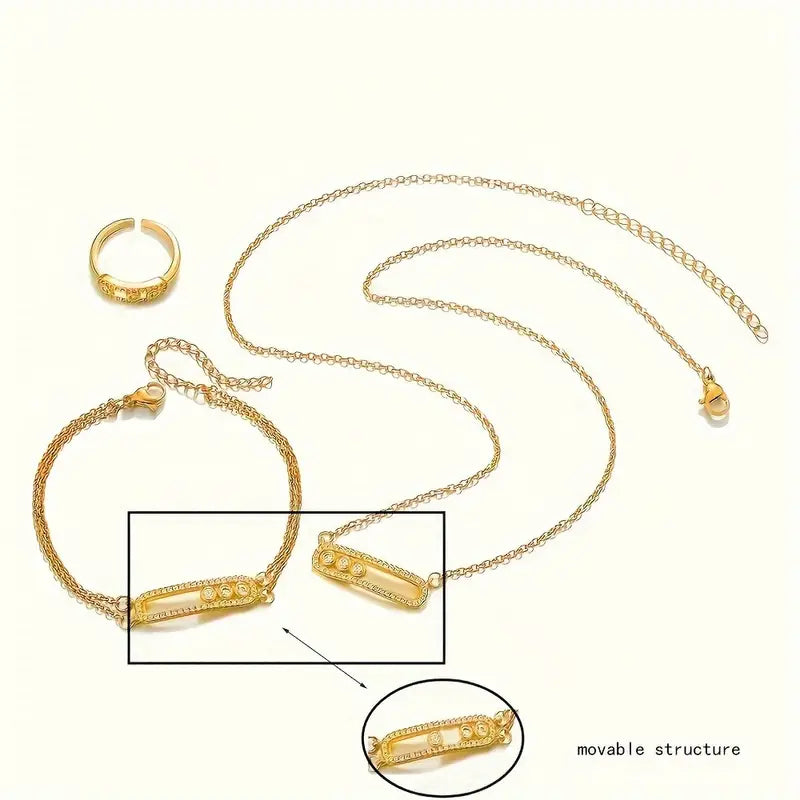 3pcs Necklace Bracelet Plus Ring Trendy Geometric Design Paved Shining Zirconia Plated Match Daily Outfits Party Accessories