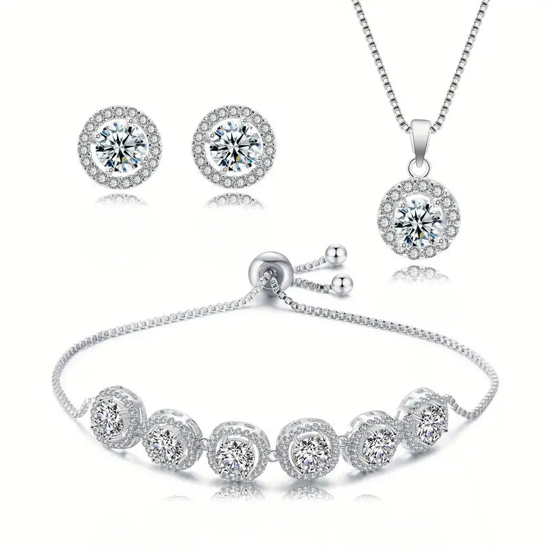 4pcs Earrings + Necklace + Bracelet Elegant Jewelry Set Plated Paved Shining Zirconia Silvery Or Make Your Call