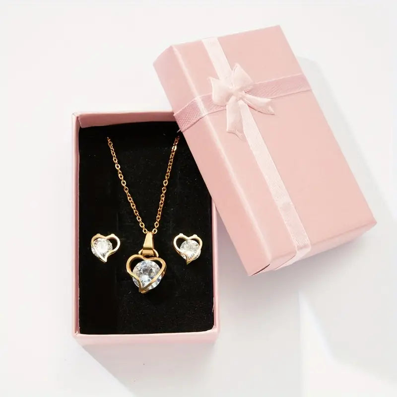 1 Pair Stud Earrings +1 Pc Necklace With Heart Design Stainless Steel Plated Jewelry Set Zircon Inlaid Elegant Leisure Style Valentine's Day Gift