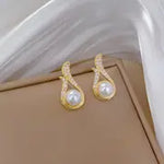 Load image into Gallery viewer, Elegant Faux Pearl Pendant Necklace And Earrings Set, Fashion Theme, 18K Gold Plated Synthetic Zirconia Inlay, Titanium Steel, Party Dinner Accessory Gift for Women Over 15 Years Old
