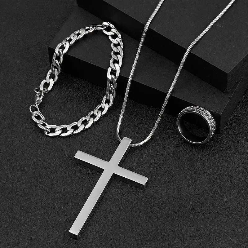 3pcs/set Fashion Stainless Steel Jewelry Set, Simple Bracelet Ring Necklace For Men, Casual Jewelry Accessories