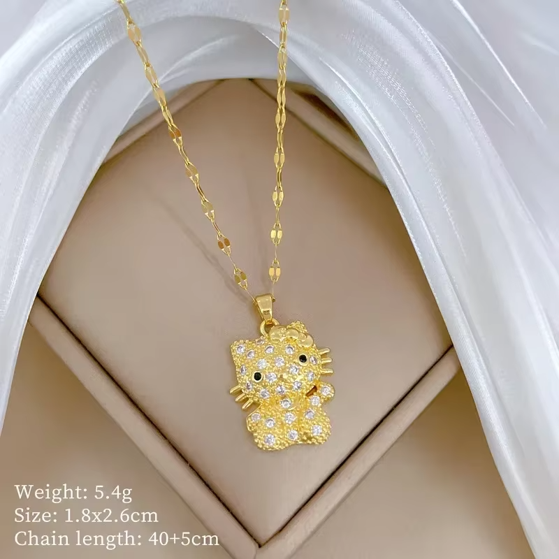 Stainless Steel Chain Cute Shiny Zircon Hello Kitty Pendant Necklaces for Women Girls Jewelry Christmas Gifts for Daughter QXL0656