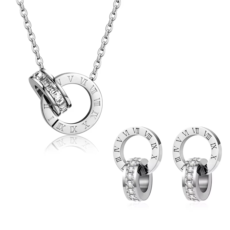 Classic Roman Numeral Crystal Stainless Steel Earrings Necklace for Women Luxury Elegant Fashion Wedding Party Jewelry Gift