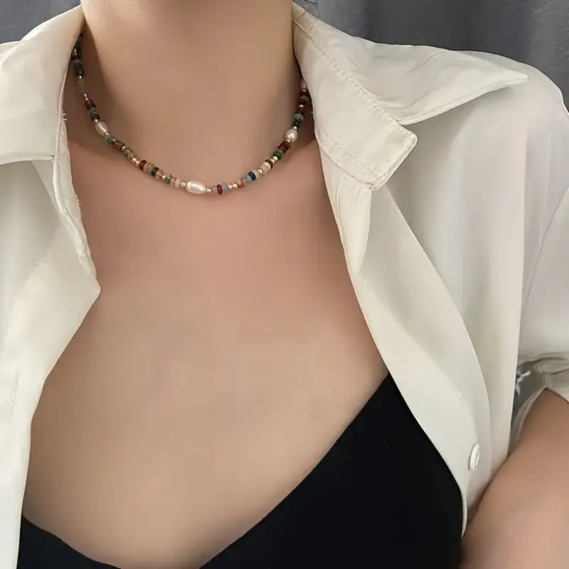 1 Piece Of Women's Semi Precious Gemstone Necklace, Vintage And Unique Luxurious Freshwater Pearls And Natural Crystals, Titanium Steel Beaded Natural Pearl Necklace, Elegant Jewelry, Perfect For Daily Wear, Valentine's Day Or Birthday Gift