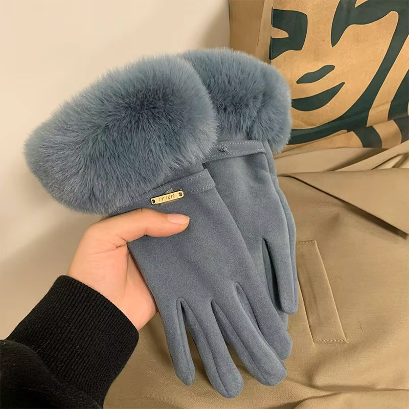 Winter Women Keep Warm Plus Velvet Touch Screen Thicken Plush Wrist Suede Gloves