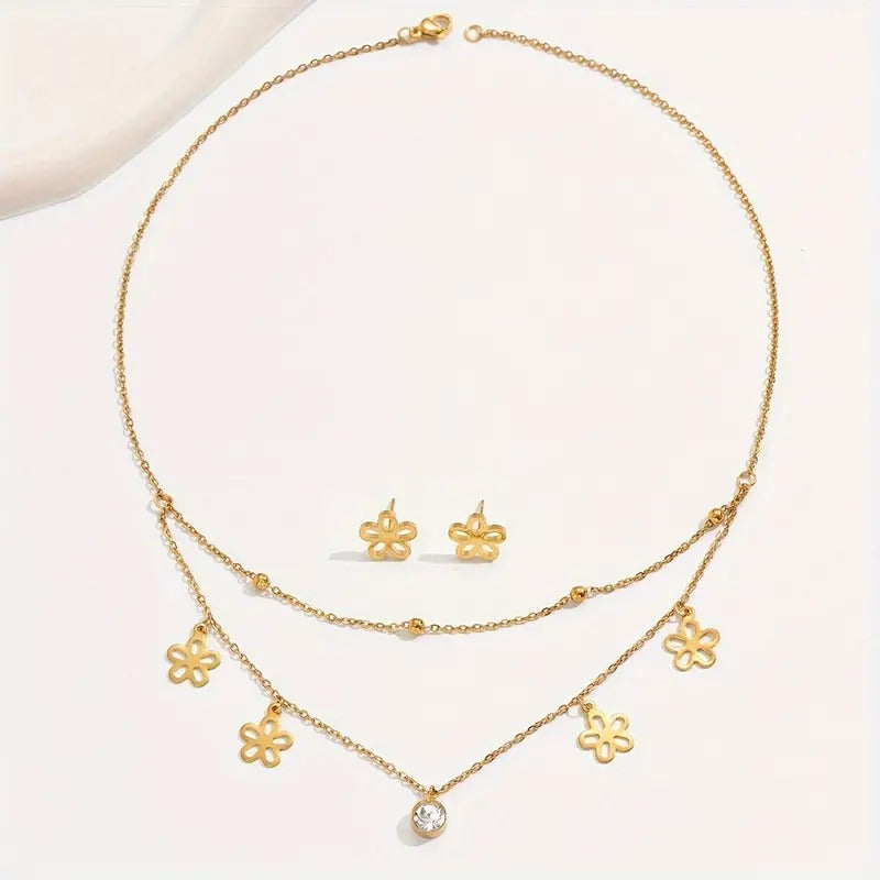1 Pair Of Earrings + 1 Necklace Chic Jewelry Set Made Of Stainless Steel Paved Shining Zirconia Hollow Flower Design Match Daily Outfits Party Decor