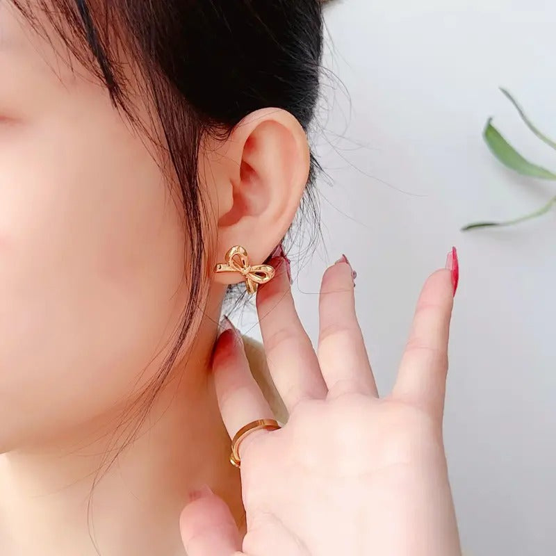 Mini Golden Bow Shaped Stud Earrings Stainless Steel Jewelry Elegant Leisure Style For Women Dating Earrings