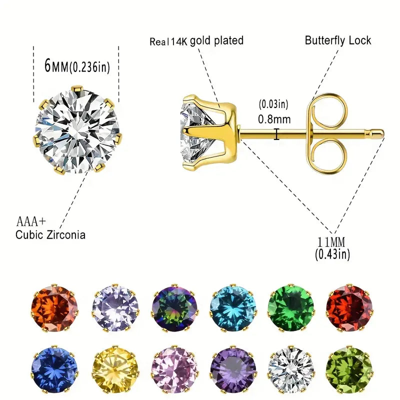 24 Pieces Hypoallergenic Earrings 316L Stainless Steel With Colorful Shiny Zircon Decor Stud Earrings Set Simple Style 14K Plated Jewelry Female Gift