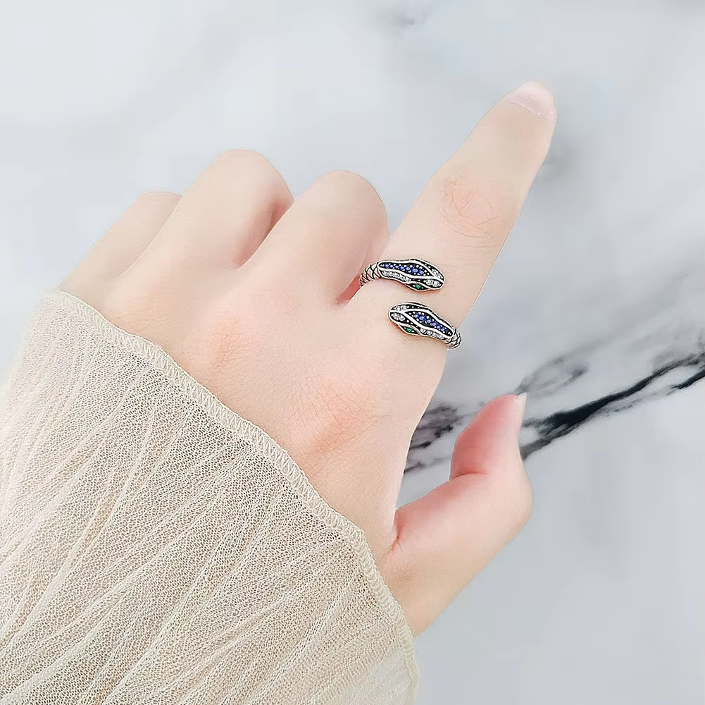 100% 925 sterling silver rings for women snake shape green eye simple trendy retro open cz anillos party gifts accessories
