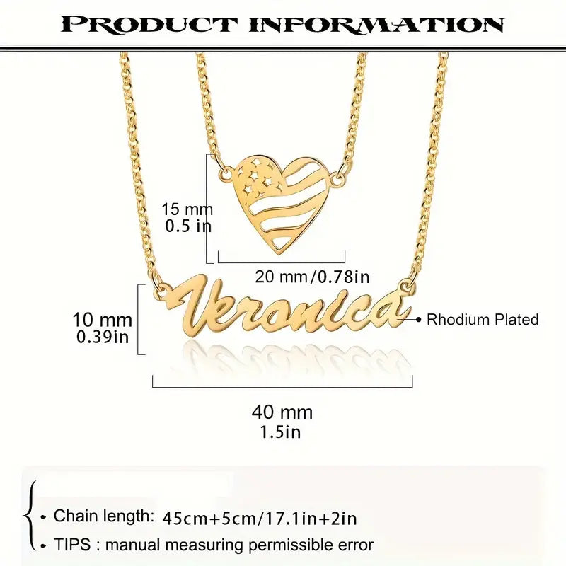 1pc Double Layers Love Heart Personalized Name Custom Necklace Double Layers Chain Neck Jewelry Decoration (English Only)