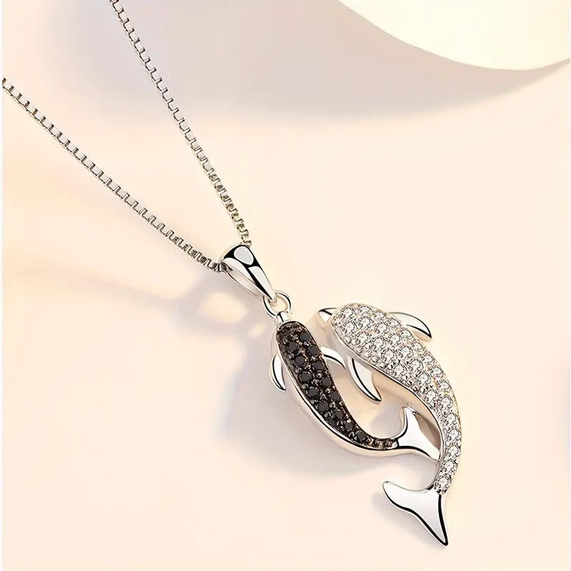 Double dolphin necklace female plated s925 silver clavicle chain gorgeous micro inlaid pendant Korean item jewelry