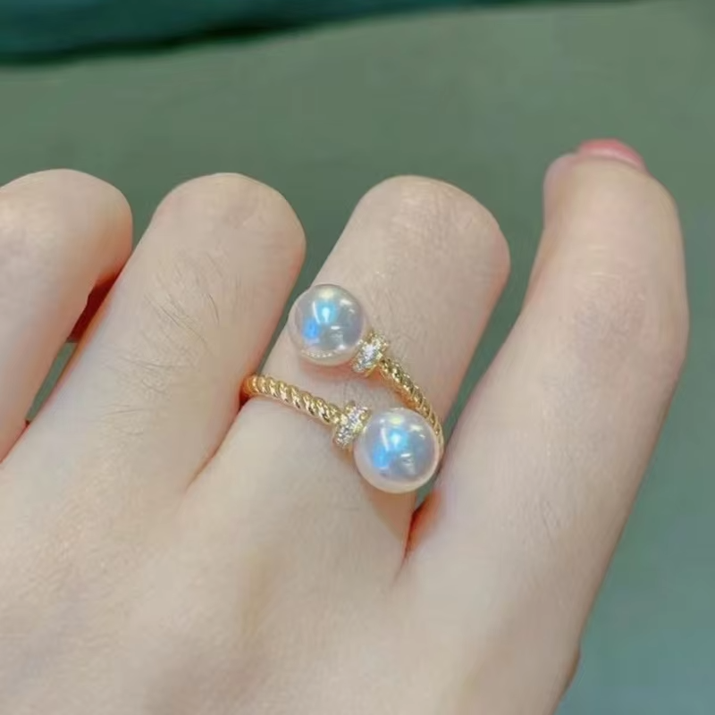 Huitan Temperament Double Imitation Pearl Open Ring Twist Gold Color Band New Fashion Women's Accessories Wedding Jewelry 2023