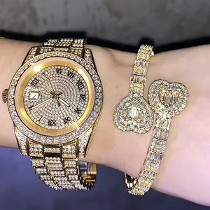 CUC Women Opened Heart Cuff Bangle Iced Out AAA Baguette Cubic Zirconia Fashion