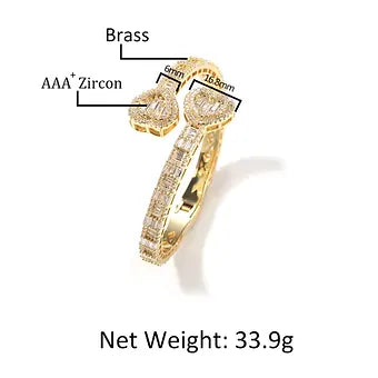 Uwin Baguette CZ Heart 6mm Adjustable Cuff Bangle Micro Paved Bling Cubic Zircon