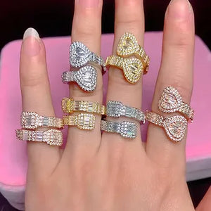 New Iced Out Bling Rectangle CZ Heart Ring Silver Color Cubic Zirconia Square Ch