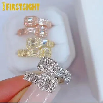 New Iced Out Bling Rectangle CZ Heart Ring Silver Color Cubic Zirconia Square Ch