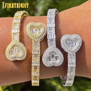 Iced Out Bling Opened CZ Square Charm Bracelet AAA Zircon Rectangle Heart Bangle
