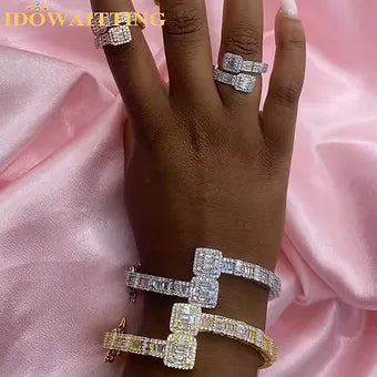 2024 Luxury Fashion Bling CZ Custom Opened Square Cubic Zircon Iced Out Gold Col