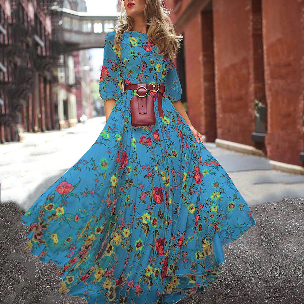 Chiffon Print Big Swing Dress Bohemian Resort Style Dress