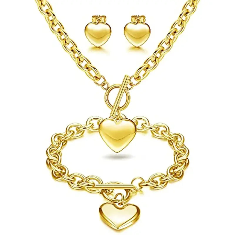 Plated Jewelry Set With Chain Necklace & Chain Bracelet & Stud Earrings With Love Heart Shape Pendant