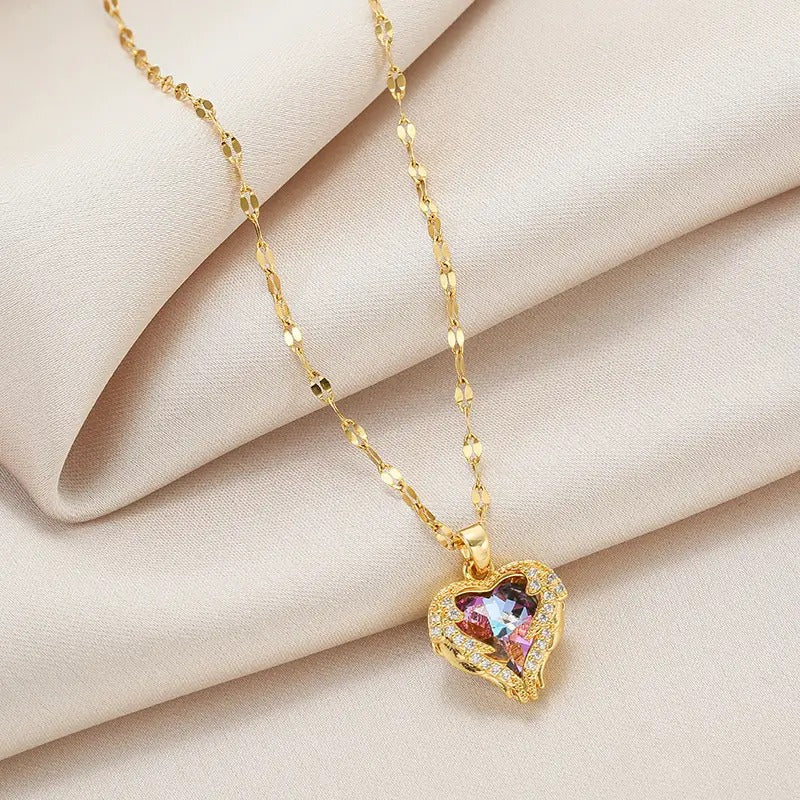 Plated Heart Pendant Necklace For Women Jewelry Stainless Steel Big Crystal Necklaces Luxury Choker Korean Fashion