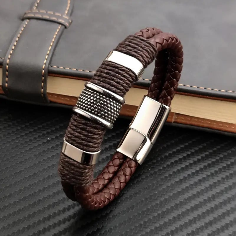 1pc Vintage Multilayer Brown PU Leather Men Bracelet, Stone Bead Bracelet, Stainless Steel Jewelry Wrist Bangle Gift