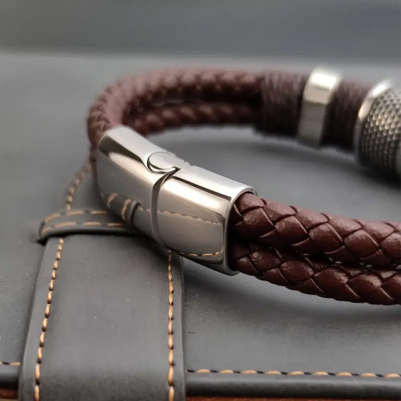 1pc Vintage Multilayer Brown PU Leather Men Bracelet, Stone Bead Bracelet, Stainless Steel Jewelry Wrist Bangle Gift