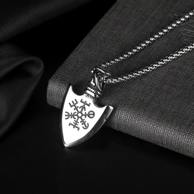 1pc Men's Vintage Nordic Viking Odin Weapon Viking Spear Stainless Steel Necklace, Pirate Triangle Shield Rune Necklace, Gothic Motorcycle Punk Amulet Jewelry Zinc Alloy Pendant Gift For Men And Women
