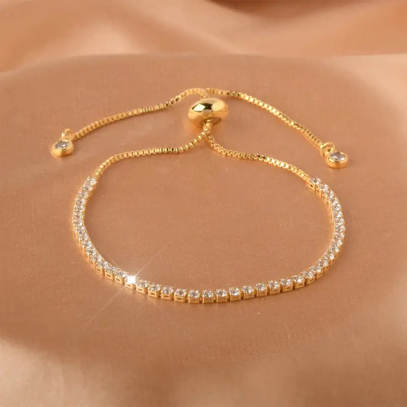 Glamorous 18K Gold-Plated, Stylish & Trend-setting Tennis Bracelet with Inlaid Cubic Zirconia, Adjustable Chic Alloy Jewelry for Fashion Forward Girls