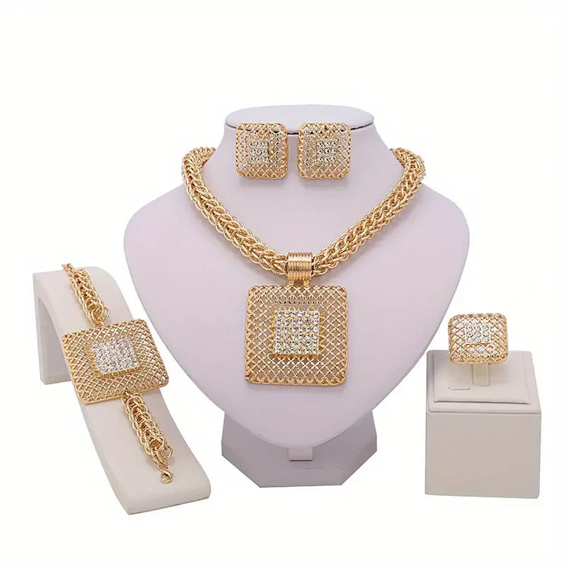 1 Pair Of Earrings + 1 Necklace + 1 Bracelet + 1 Ring Traditional Bridal Jewelry Set 18k Plated Hollow Geometric Design Match Daily Outfits