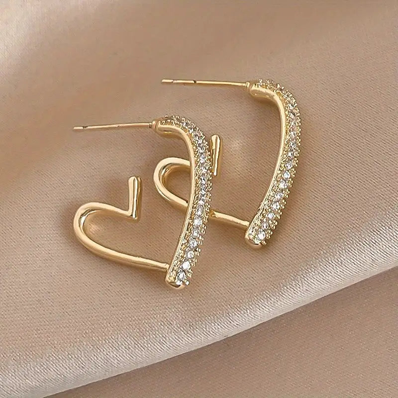 Tiny Irregular Heart Design Hoop Earrings Alloy 18K Gold Plated Jewelry Rhinestones Inlaid Vintage Elegant Style Dating Earrings