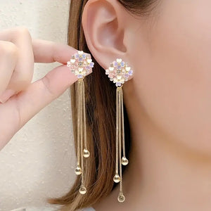 Luxurious Golden Tassel Drop Earrings - Sparkling Cubic Zirconia Accents, 925 Silvery Posts, Hypoallergenic, Nickel-Free, Perfect for Daily Wear, Parties, and Special Occasions