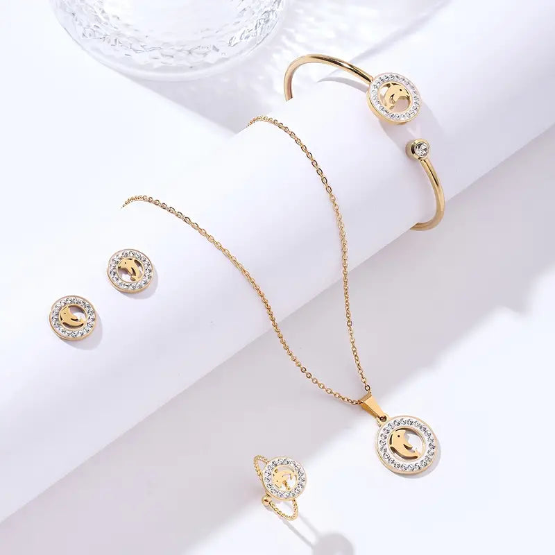 4pcs Dolphin Inlaid Zircon Set Golden Yellow Stainless Steel Inlaid Zircon Ring + Stud Earrings + Opening Adjustable Bangle + 45cm Necklace Combination Suitable For Women Jewelry Set For Prayer