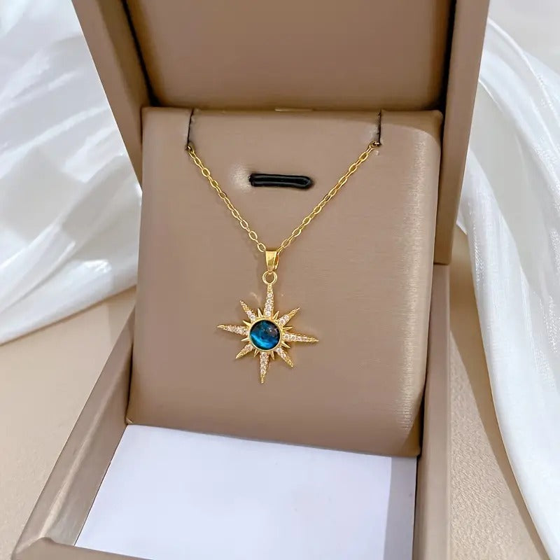 Avant-Garde Starburst Pendant Necklace with Blue Faux Zirconia - Stainless Steel Chain, Copper Pendant, Unisex, No Precious Metal Plating, Unique Gift for Teens And Adults - Elegant Jewelry Accessory for All Occasions,Without Giftbox