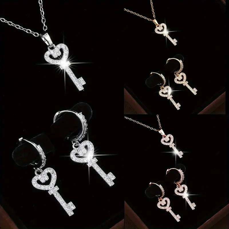 1 Pair Of Earrings + 1 Necklace French Romantic Style Jewelry Set Plated Cute Love Key Design Inlaid Shining Zirconia Match Daily Outfits Party Accessories